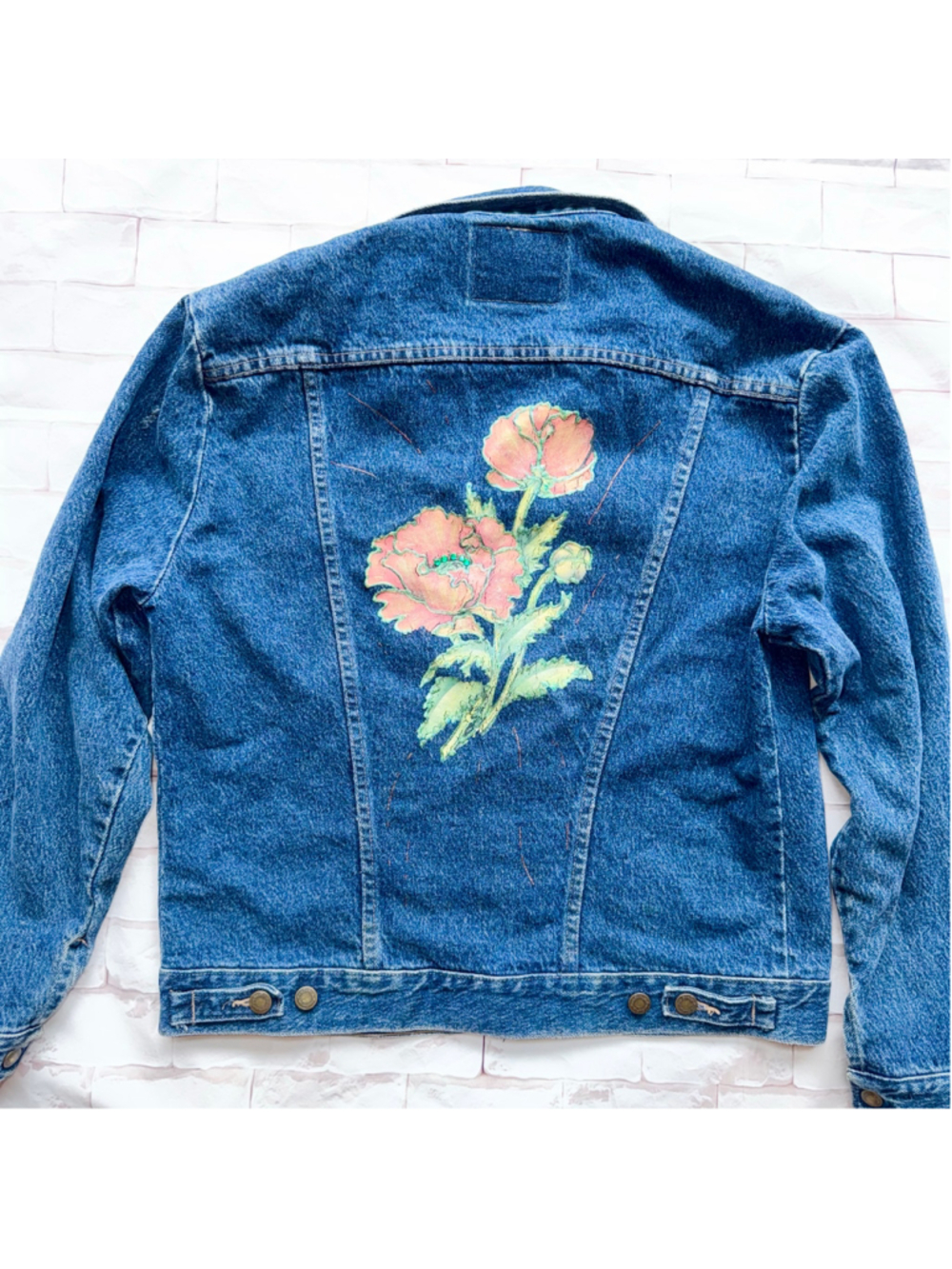 Vintage Women’s Med Wrangler Denim Jean Jacket Painted Floral Back Western Boho